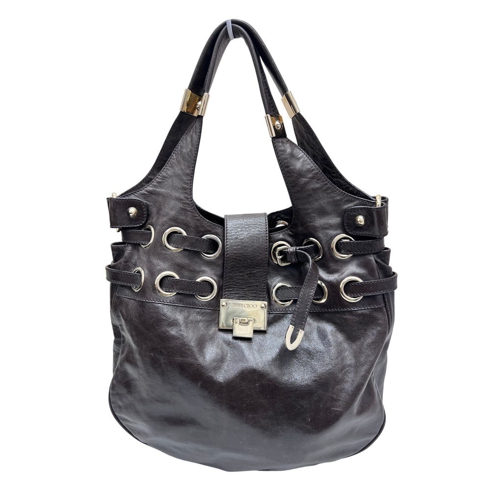 Jimmy Choo Ramona Hobo Bag Womens Large Brown Excellent Leather Grommet Buckle